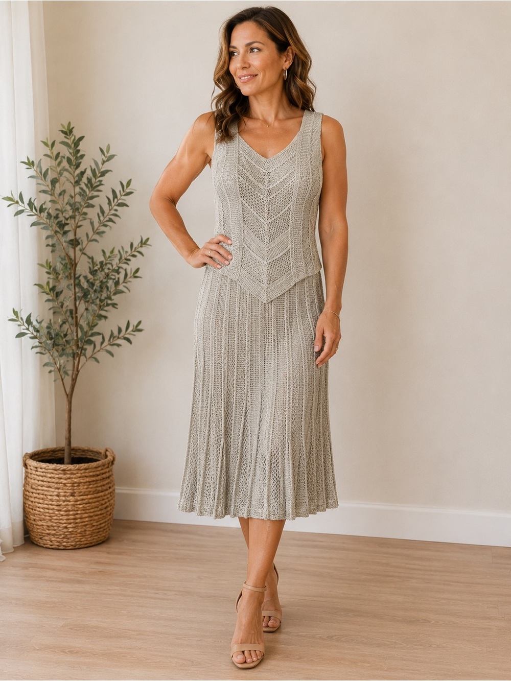 Lillie Rubin Light Taupe Knit Midi‎ three piece set M